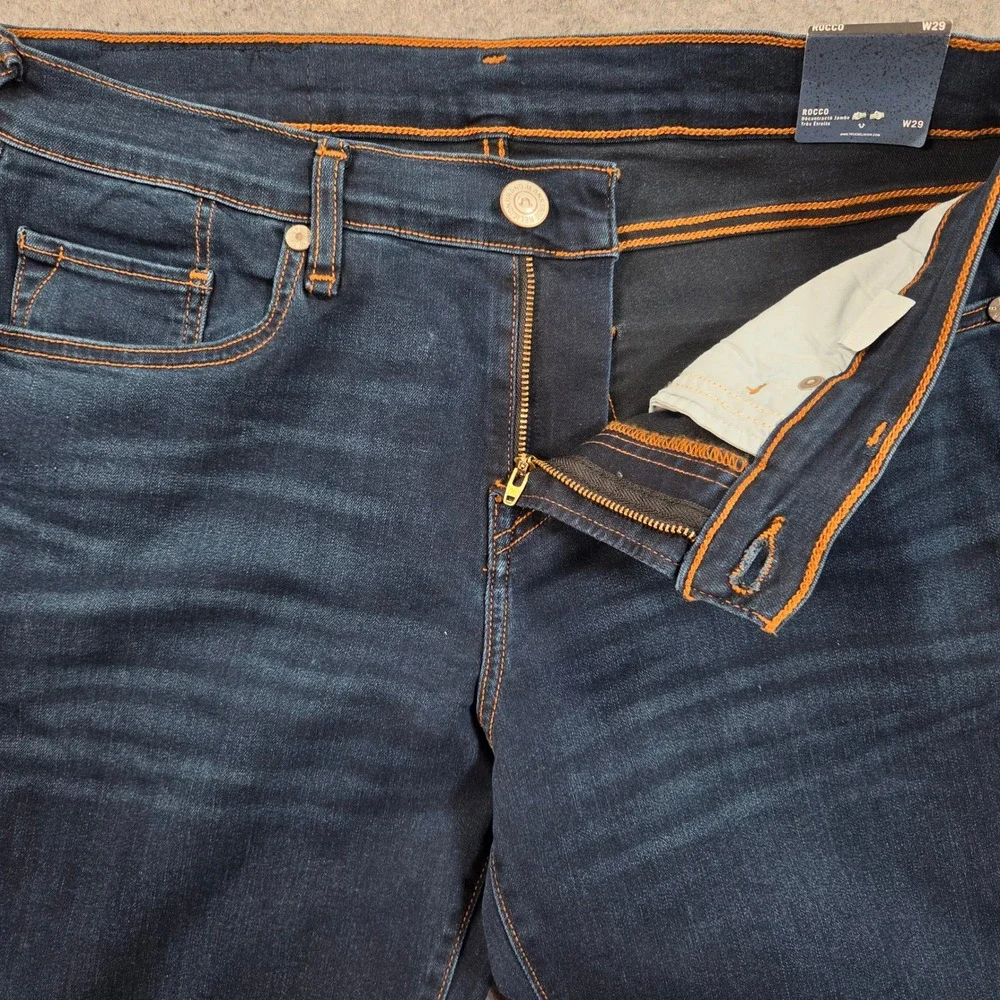 True Religion Rocco Jeans 29 Blue Relaxed Skinny Dark Indigo Orange Stitch MR019
